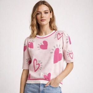 Fate Pink Heart knit Sweater Half sleeve Confy graphic Pink Cream Gray Sz M